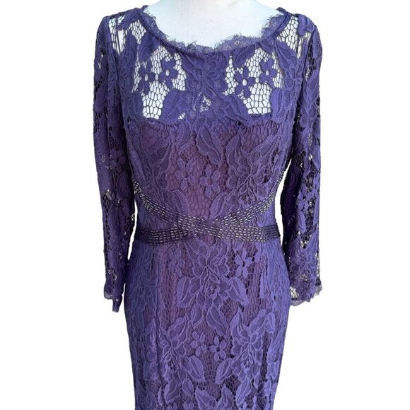 Adrianna Papell Womens Glam Purple Illusion Lace Beaded Waist Long Sleeve Gown - Picture 3 of 15